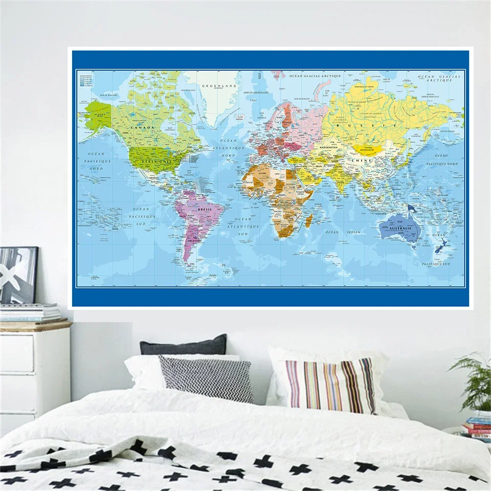 Mapa del mundo en idioma francés, póster de pared, pintura de vinilo no tejido, suministros escolares de oficina, decoración del hogar, 120x80cm