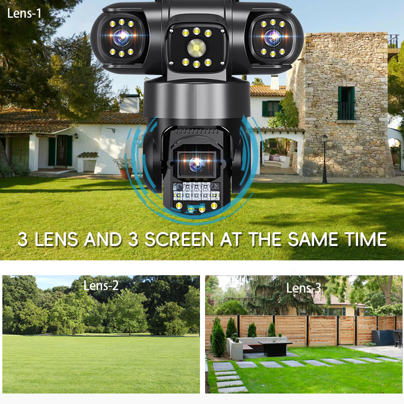15MP Three Lens Three Screens PTZ IP Camera Outdoor HD Wifi Security Camera 10X Zoom Ai Human Detection Home Surveillance Camera