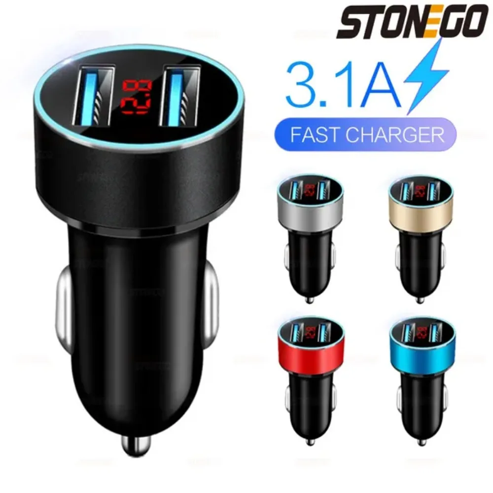STONEGO 3.1A Podwójna ładowarka samochodowa USB 2-portowy wyświetlacz LCD Woltomierz 12-24V Gniazdo zapalniczki Adapter ładowarki samochodowej