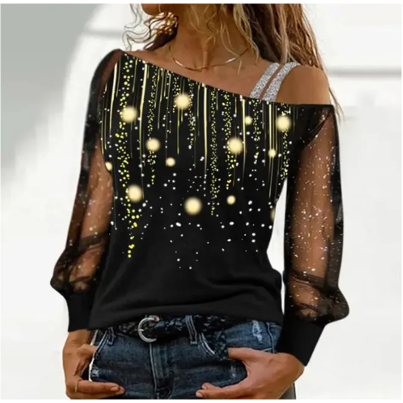 シルバーショルダーストラップ透明袖スパンコールブラウス女性のセクシーな Tシャツクリスマスツリープリント長袖トップ