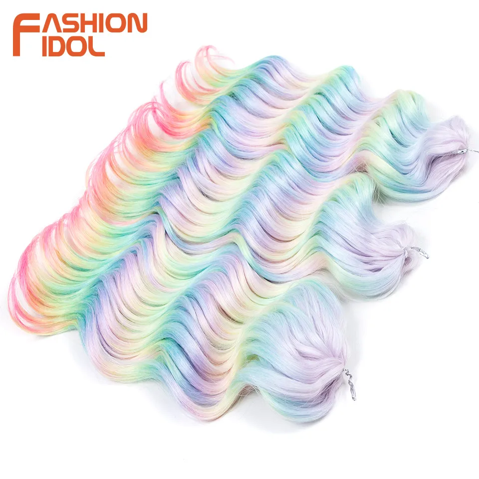FASHION IDOL 16 Zoll 3 Stück tief gewelltes Twist-Häkelhaar, synthetisches lockiges Haar, Häkelzöpfe, Ombre-Regenbogen-Flechthaarverlängerung