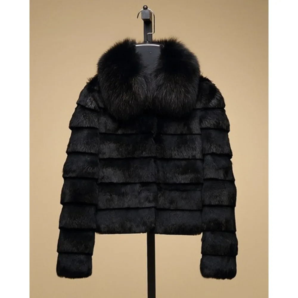 Oftbuy 2024 novo casaco de pele de coelho real com gola de pele de raposa feminino pele completa jaqueta de pele de raposa inverno colete de pele de coelho high street