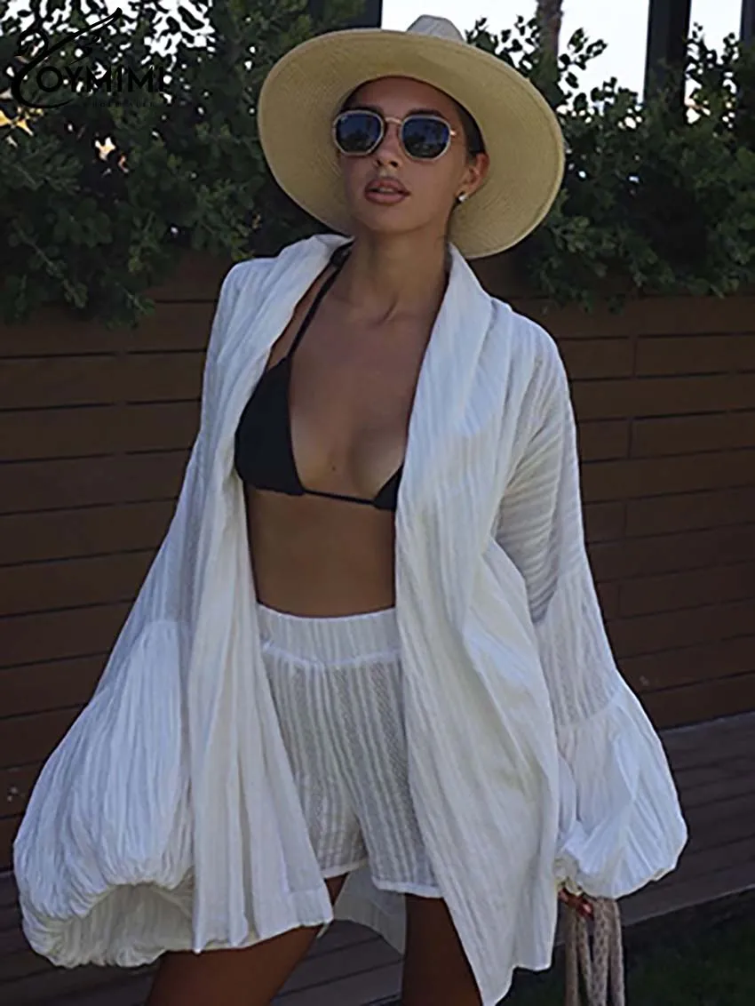 Oymimi Fashion Biały bawełniany damski zestaw dwuczęściowy Eleganckie luźne sznurowane koszule z bufiastym rękawem i szorty z wysokim stanem Zestawy damskie