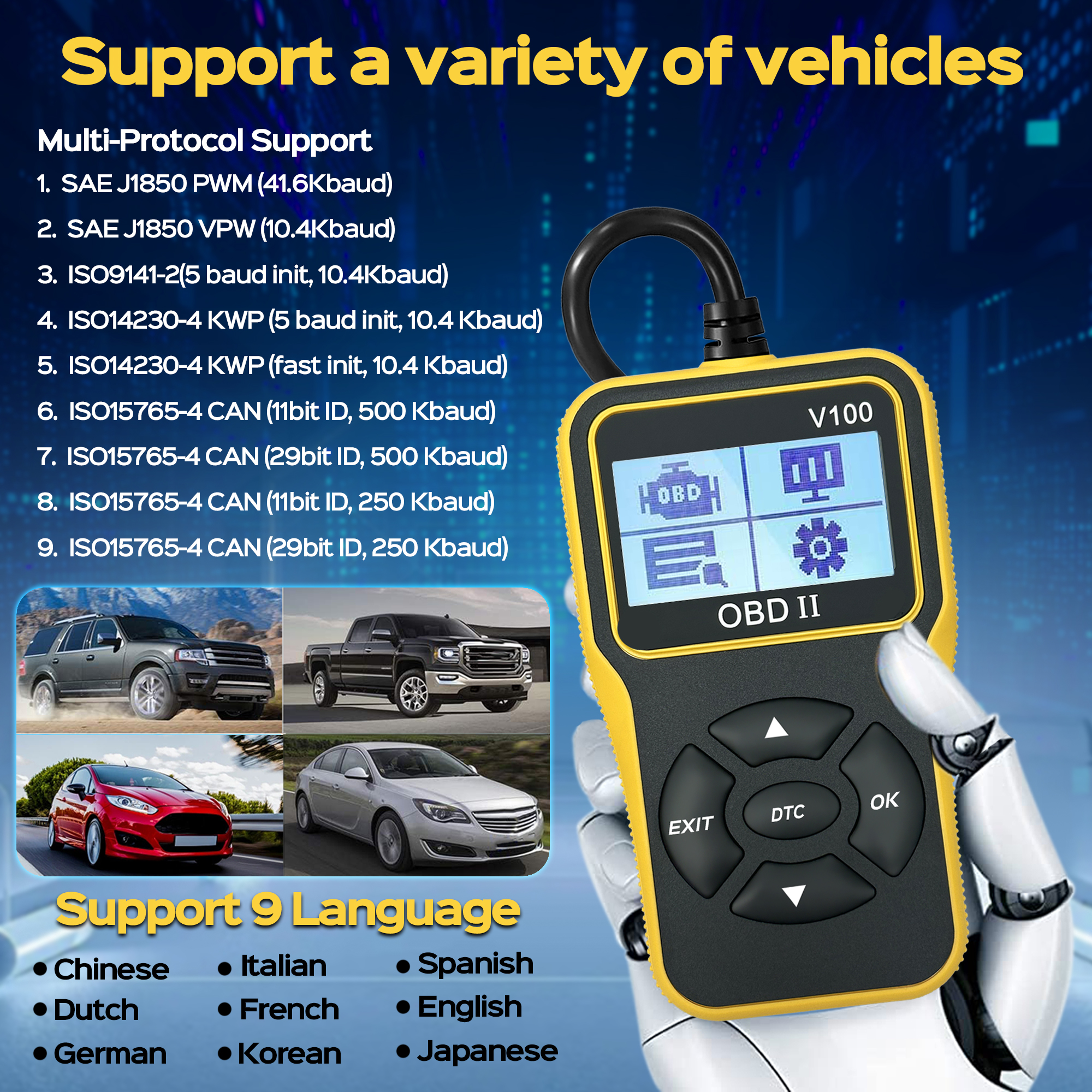 OBD2-Scanner-Diagnosetool, Auto-Check-Motorcodeleser mit Reset, verbesserte OBDII/EOBD-Autoscan-Tools