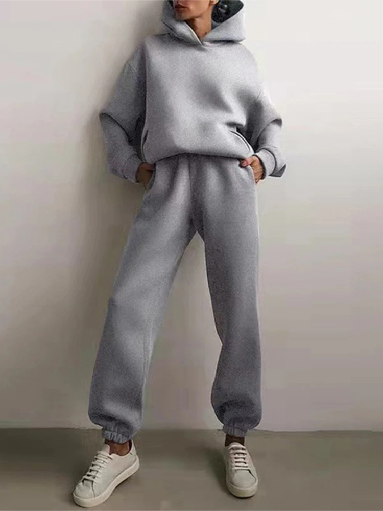 Sólido grosso com capuz conjunto com capuz feminino elástico calças compridas conjunto de duas peças roupas grande bolso design quente solto casual outono inverno