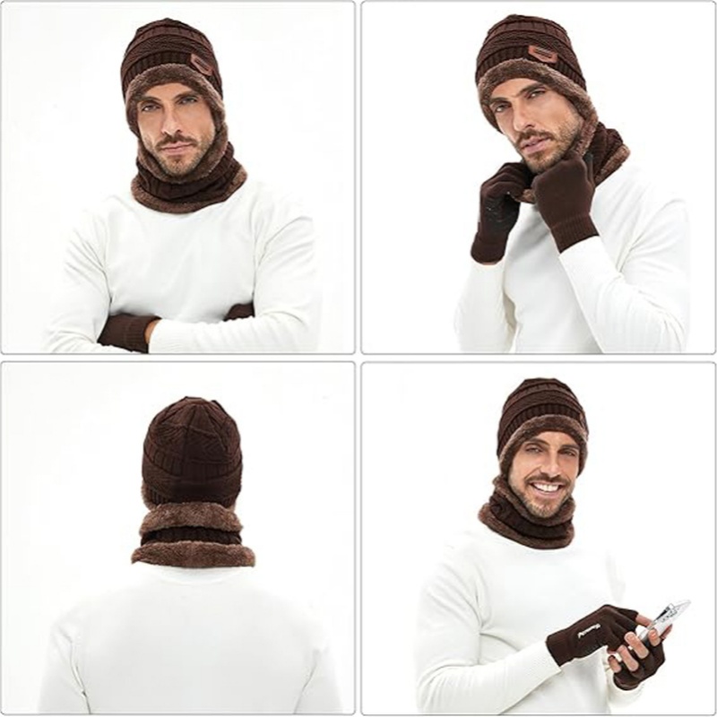 Men's Winter Knitted Beanie Hat, Neck-Warming Scarf, and Touchscreen Glove Set with Wool-Lined Skull Cap