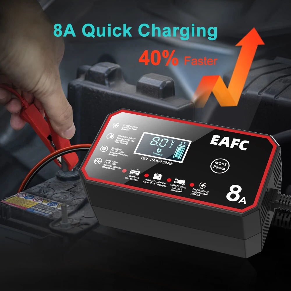 12V 8A 6A Auto Batterie Ladegerät Puls Reparatur LCD Display Smart Schnelle Ladung für Auto Motorrad Minivan SUV klassische Autos