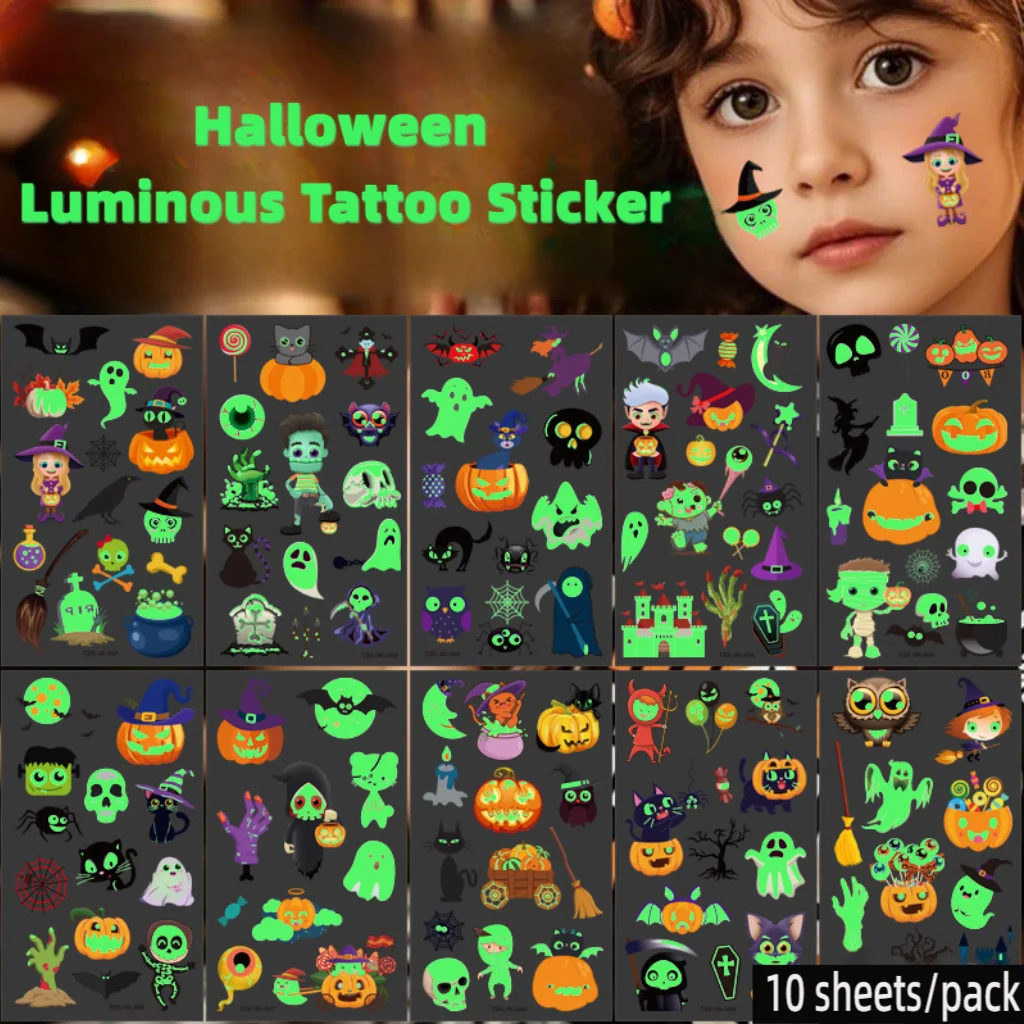 10 Stück Halloween-Kürbisse-Tattoo-Aufkleber, leuchtende temporäre wasserdichte Aufkleber für Gesicht, Körper, Tattoo, Kinder, Halloween-Party-Requisiten