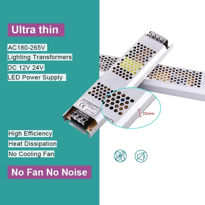 Alimentatore LED ultra sottile Trasformatori di illuminazione DC 12V 24V 100W 150W 200W Driver AC180-260V per strisce luminose a LED
