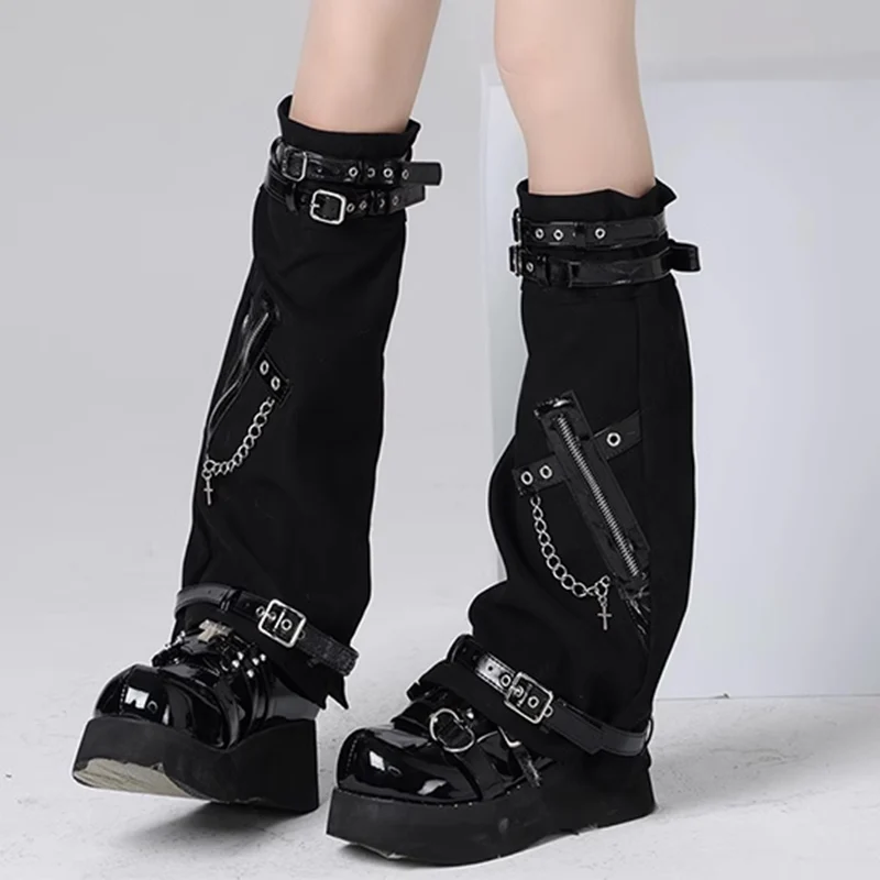 カワイイアイアンチェーン女性用レッグソックス、スプライスロックパンクスタイル、lolita rock girlレギンス、日本製レッグカバー、かわいいjk、y2k、jk、2024