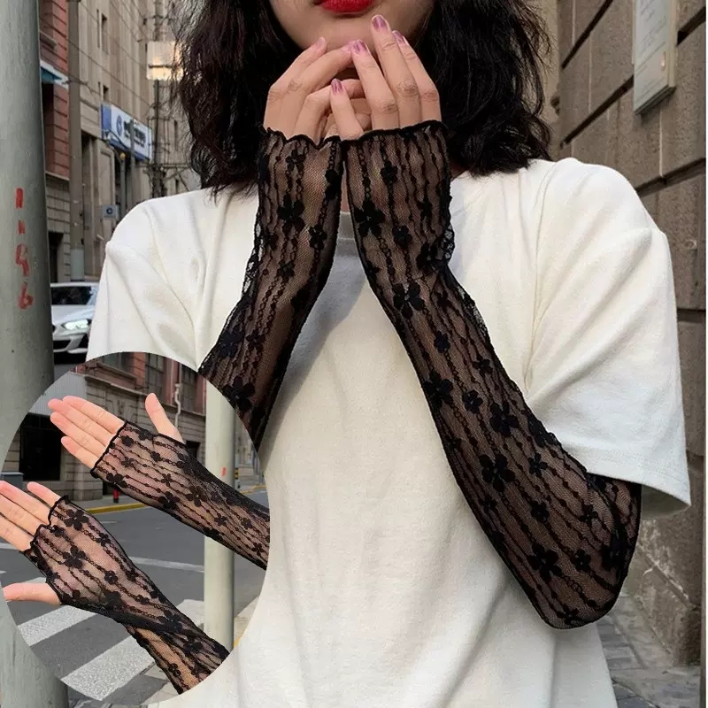 夏の日焼け止めレースアームスリーブ女性アームカバーファッションクラシック UV 保護アイスアーム袖口指なし運転手袋ミトン