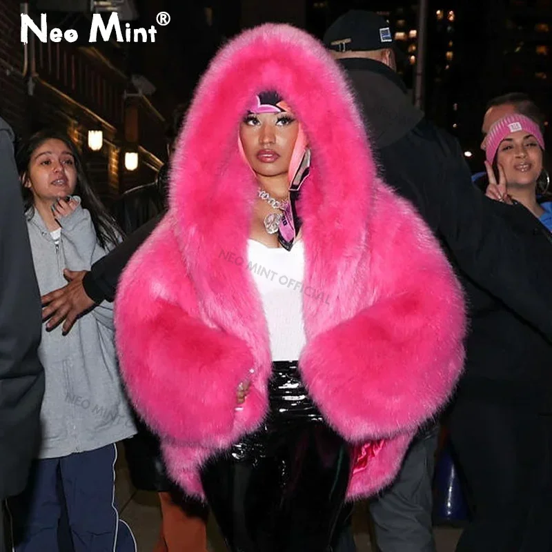 Neo Mint Brand Runway Fashion Iconic Hooded Batwing Faux Fur Coat Women Chic Winter Hailey Bieber Shaggy Overcoat Fox Fur Jacket