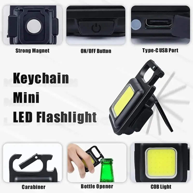 Mini llavero LED linterna aleación de aluminio carga USB luz COB portátil para acampar trabajo al aire libre pesca ​