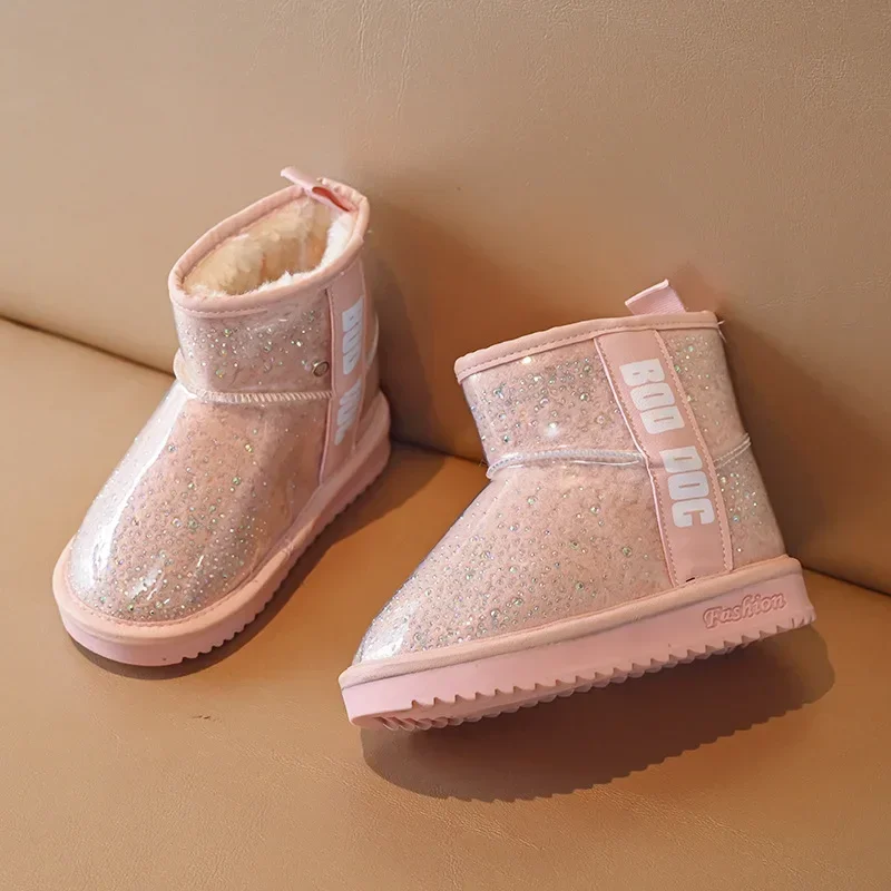 Botas de felpa de algodón cálidas para invierno, botas de nieve antideslizantes con purpurina transparente, zapatillas informales para niña