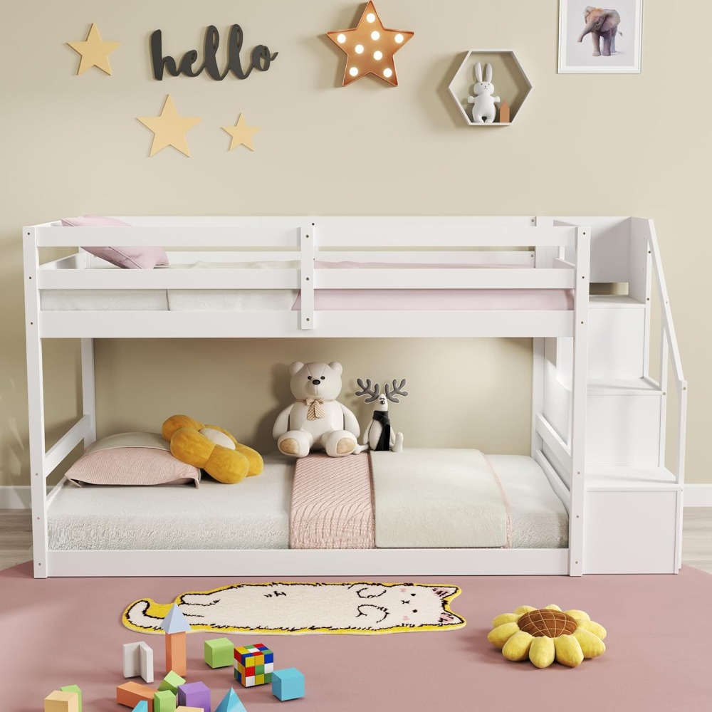 KOMFOTT Wood Twin Over Twin Low Bunk Bed with Storage Staircase, Wooden Bunk Bed Frame with Full-Length Guardrails, Low Profile