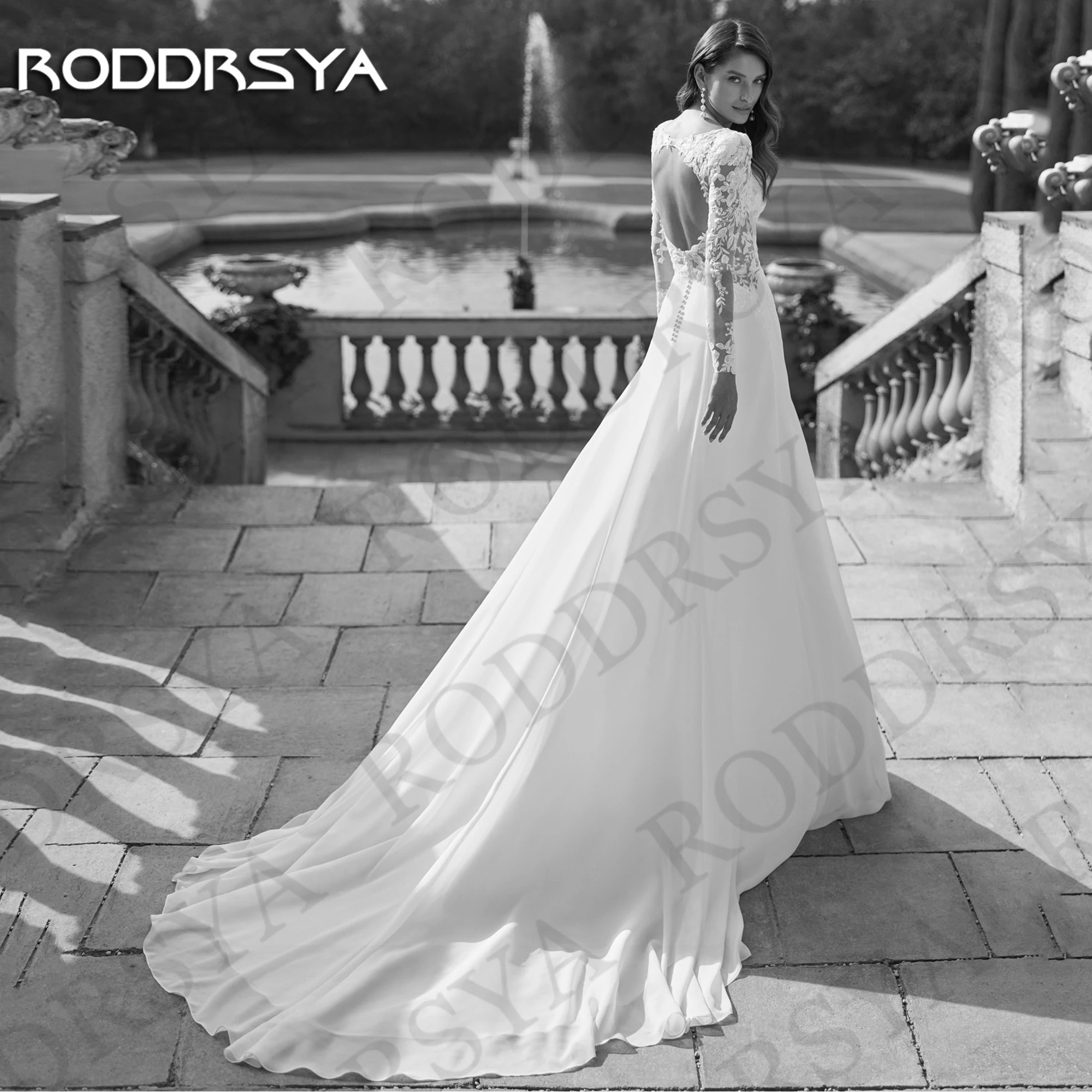 RODDRSYA Graceful Backless Wedding Dresses for Bride Boho Illusion Lace Long Sleeves A Line Chiffon Bridal Gown Customized Women