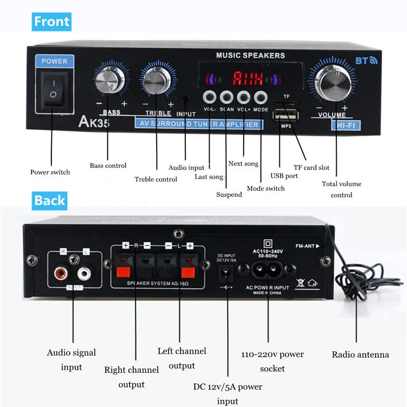 AK35/G919H 1000W Home Car Power Amplifiers 2 Channel Bluetooth Surround Sound FM USB Remote Control Mini HIFI Digital Stereo Amp