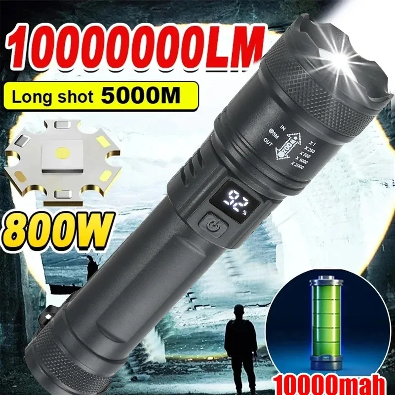 Linterna LED táctica de 2000LM, recargable por USB, resistente al agua, con Zoom, luz de emergencia portátil brillante para acampar al aire libre