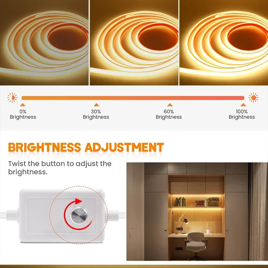 높은 밝은 220V COB LED 스트립 빛 110v 스위치/디밍이 가능한 RA90 유연한 네온 테이프 주방 캐비닛 조명 방수 정원