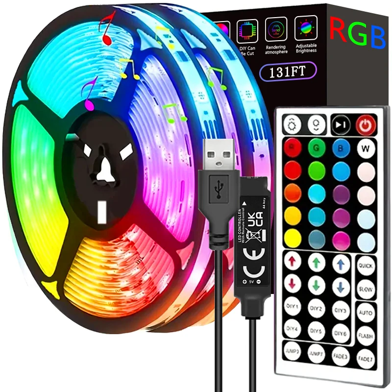 Tira de luces Led de 40M/131 pies, aplicación de 44 teclas, Control remoto, USB, 5V, sincronización de música, cinta Flexible RGB, Luces de diodo para fiesta, hogar, Luces Led