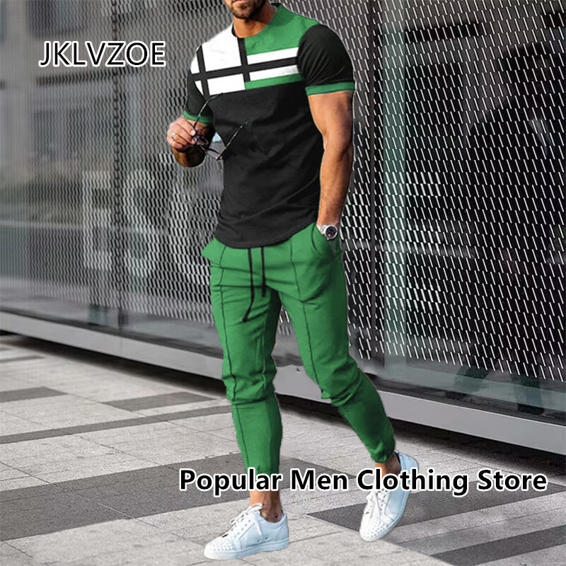 メンズ半袖Tシャツと3Dプリントのトラックスーツ,ストリートウェア,ロングパンツ,スポーツウェア,2点セット
