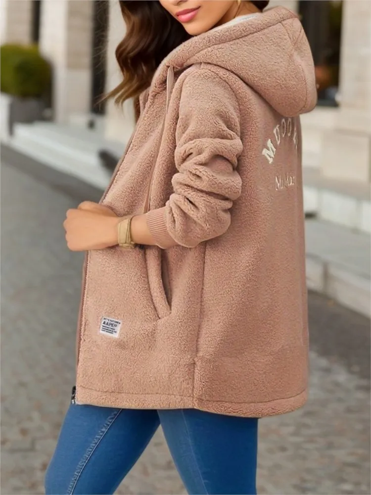 Otoño Invierno nueva chaqueta de longitud media con forro polar grueso para mujer estilo versión coreana cárdigan holgado abrigos superiores
