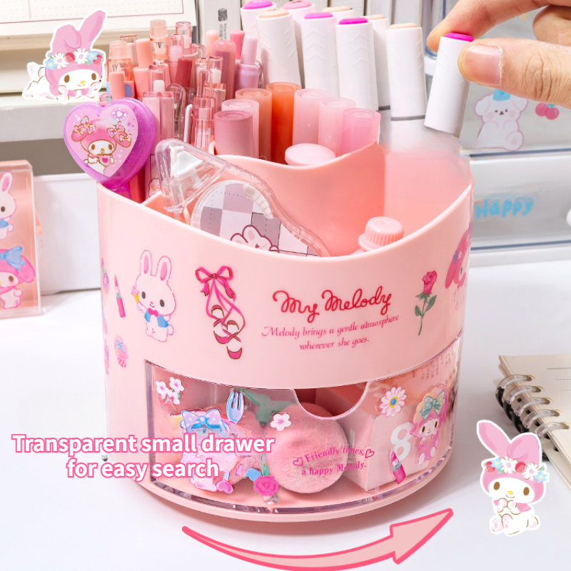 Вращающийся держатель для ручек Miniso Sanrio, ящик для хранения, настольный органайзер и наклейки Kawaii Sanrio Cinnamoroll, милые канцелярские принадлежности для девочек