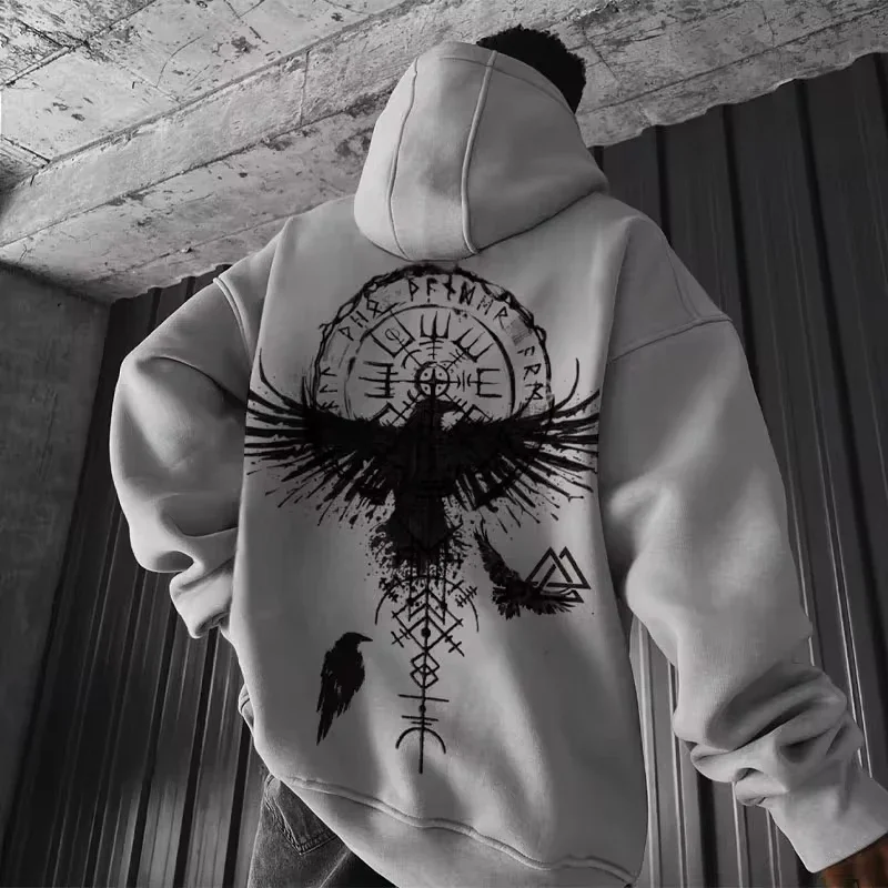 Sudadera con capucha con estampado de tótem vikingo para hombre, Sudadera con capucha de algodón Y2K, patrón de águila suelto, deporte fresco, funcional, a la moda