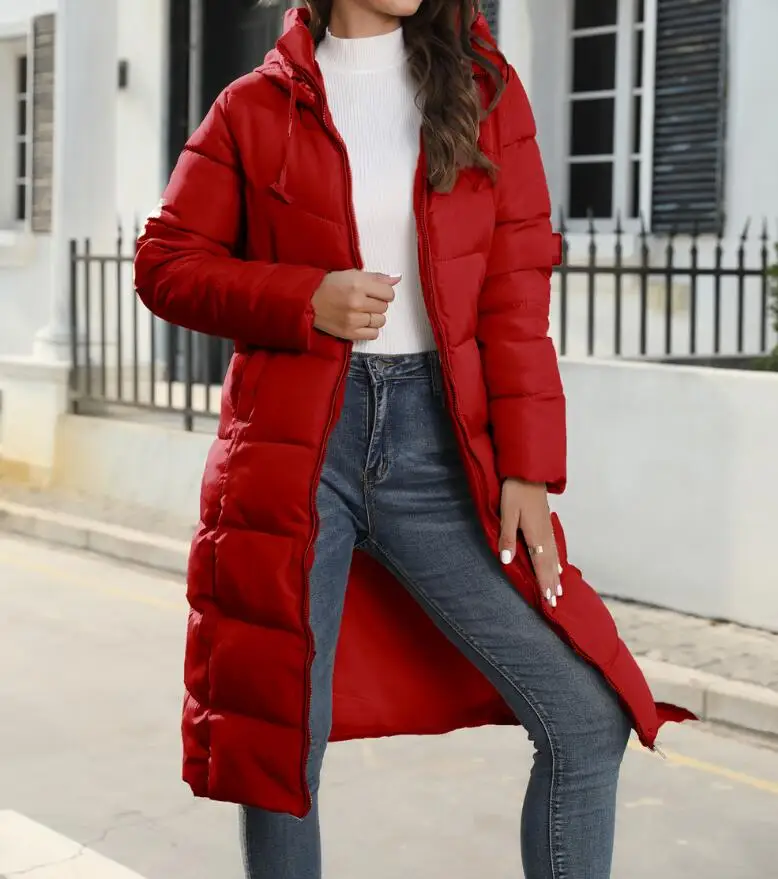 Inverno novo com capuz comprimento médio fino ajuste quente manga longa jaqueta de cor sólida para mulher, 3 cores