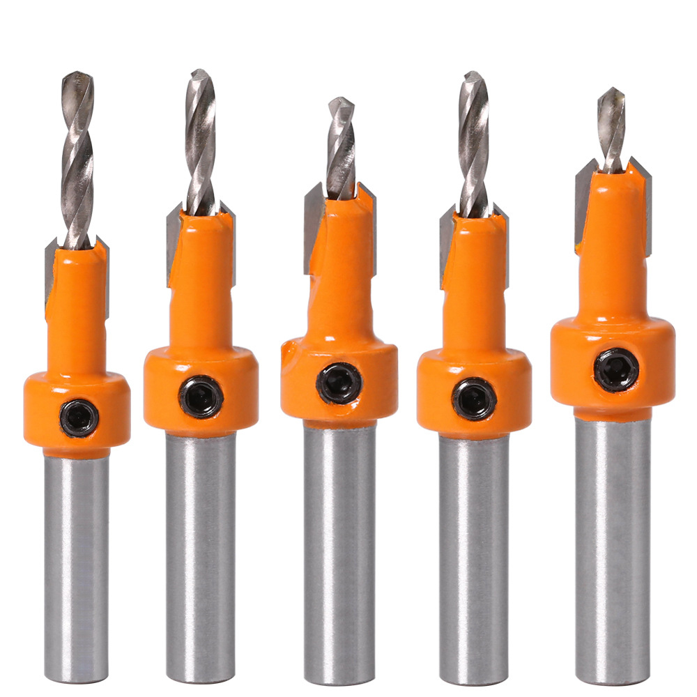 Een set houtbewerking verzinkboormachine Schroef op legering kop Stapboor Hout Zelftappende schroefgatboor Installatiegereedschap