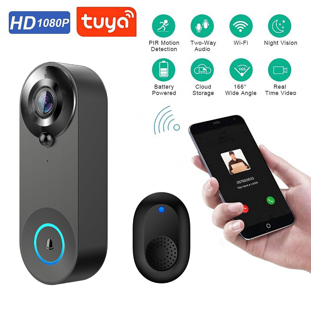 Timbre de puerta inalámbrico con cámara de vídeo, timbre de puerta inteligente con WiFi, Tuya, detección de movimiento de seguridad para el hogar, intercomunicador de visión nocturna, 1080P