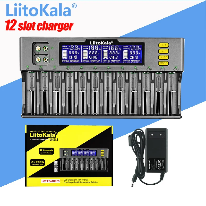 LiitoKala Lii-S12 12-Slot 18650 แบตเตอรี่ชาร์จสําหรับ 20700 26650 21700 14500 10440 16340 1.2V 3.7Vแบตเตอรี่