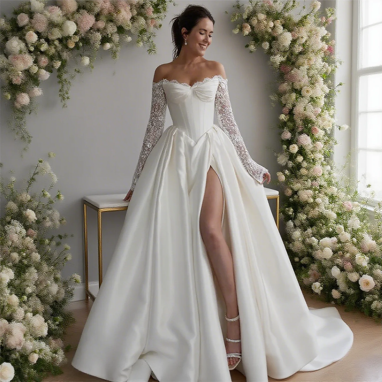Abito da sposa a trapezio in raso con maniche lunghe con spalle scoperte personalizzato Abito da sposa elegante con spacco laterale lungo fino al pavimento con lacci sul retro per la sposa