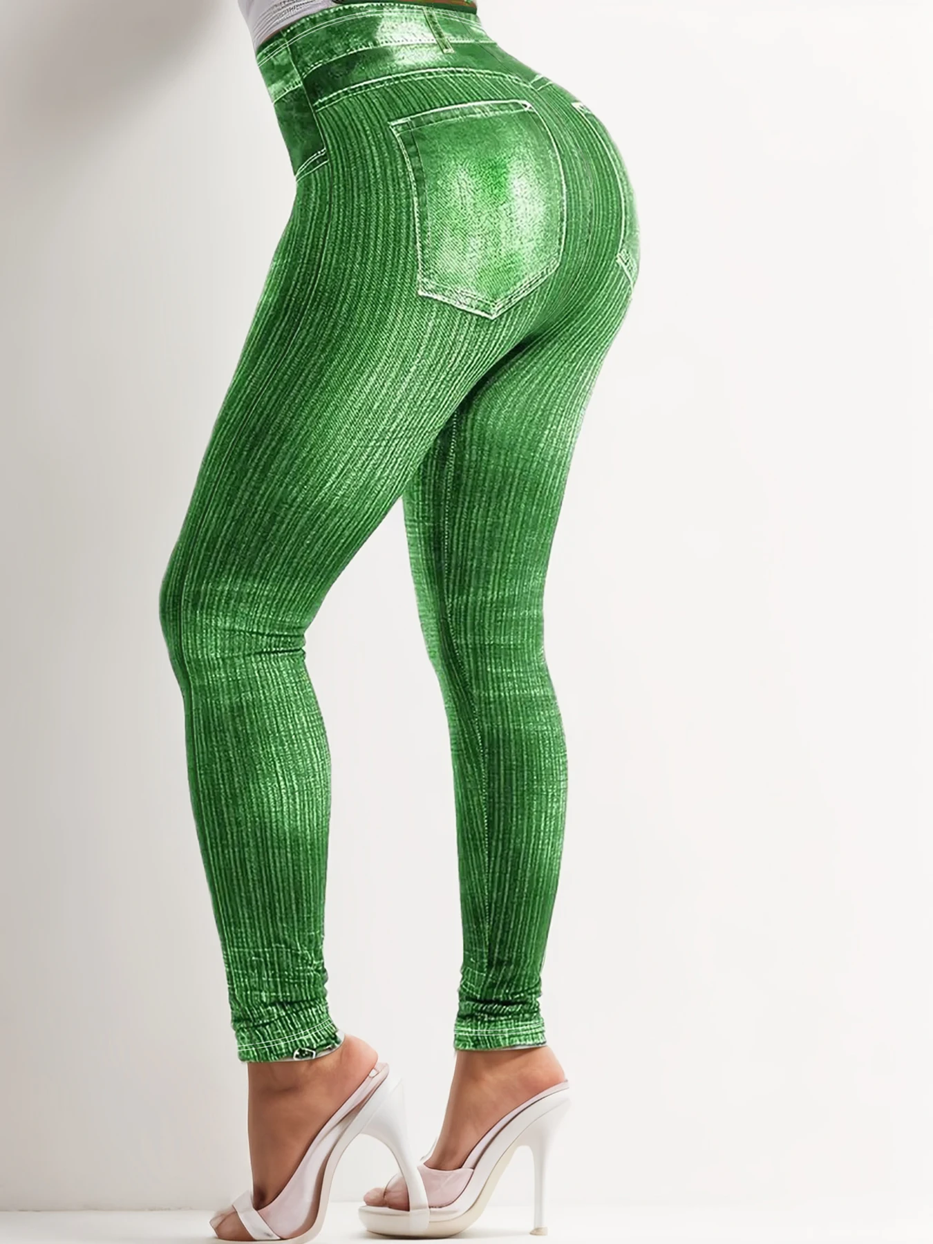 Plus size dameslegging met denim print en lijnenpatroon, met een modieuze en casual gebreide broek met hoge stretch