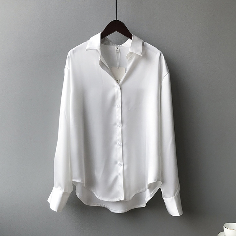 Camisa de seda satinada abotonada a la moda de primavera, blusa Vintage para mujer, Tops blancos, camisas de calle holgadas de manga larga para mujer 11355
