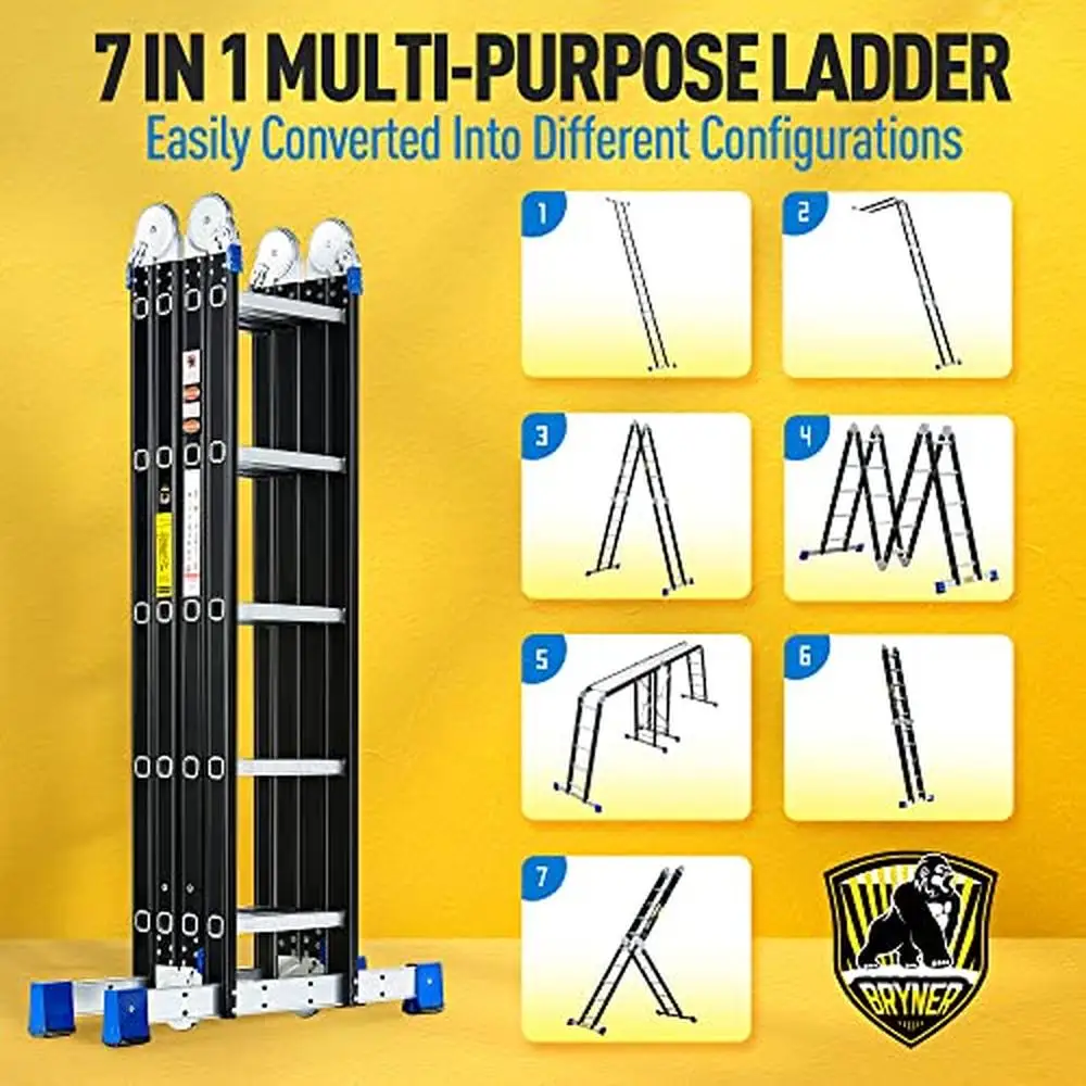 Multi-Position Aluminum Extension Ladder 19.6ft 7 in 1 Scaffold Telescoping Step Heavy Duty Anti-Slip  Support Rack Kit 1200lbs