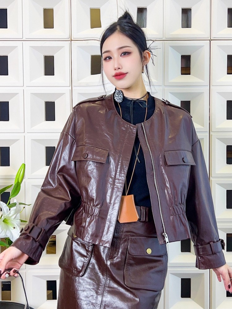 Mode femmes O cou fermeture éclair Vintage huile cire peau de mouton veste automne Style Punk coupe ample taille élastique veste en cuir véritable