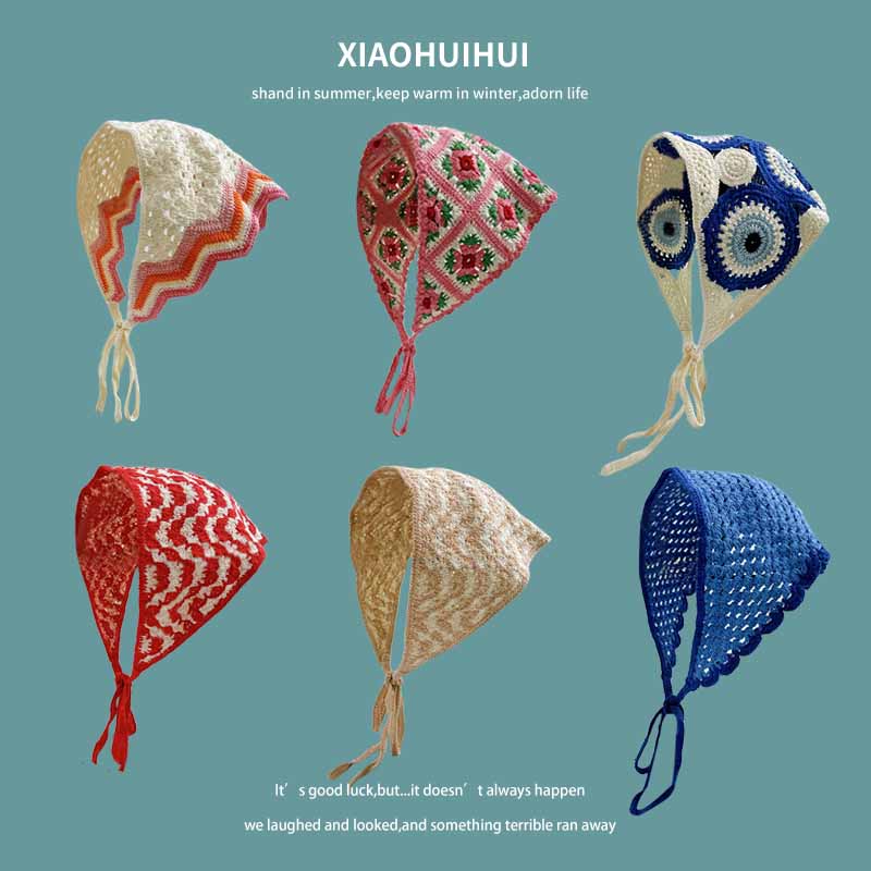 Французский Ins вязаный кружевной треугольный шарф для женщин 2024, новый ретро универсальный платок, шапка, пучок волос, сумка для фотографий, повязка на голову, шляпа