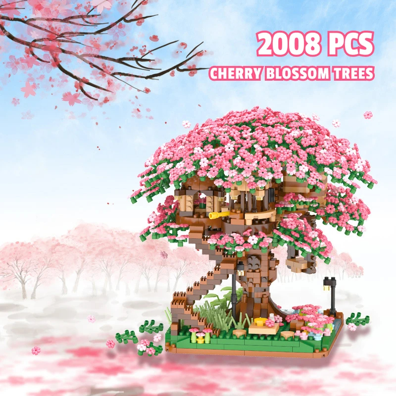 Mini blocos de construção mini sakura árvore casa modelo blocos de construção desktop decoração botânica brinquedos para crianças presentes para meninas