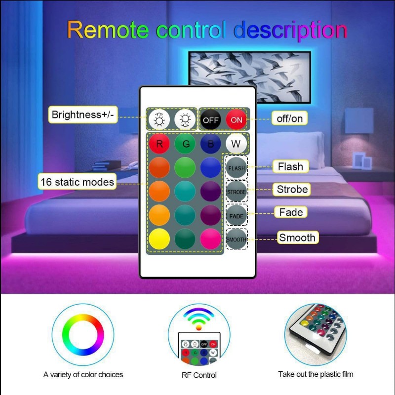 RGBLED-strip, geschikt voor slaapkamer, intelligent kleurveranderend licht met afstandsbediening, instelbare kleur en helderheid, flitser
