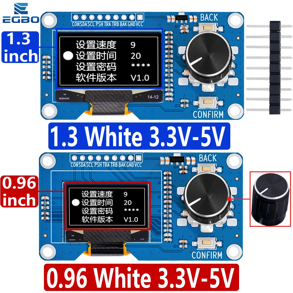 Pantalla oled blanca de 0,96/1,3 pulgadas, 3,3 V/5V combinada con módulo codificador rotatorio EC11, interfaz IIC para arduino EGBO
