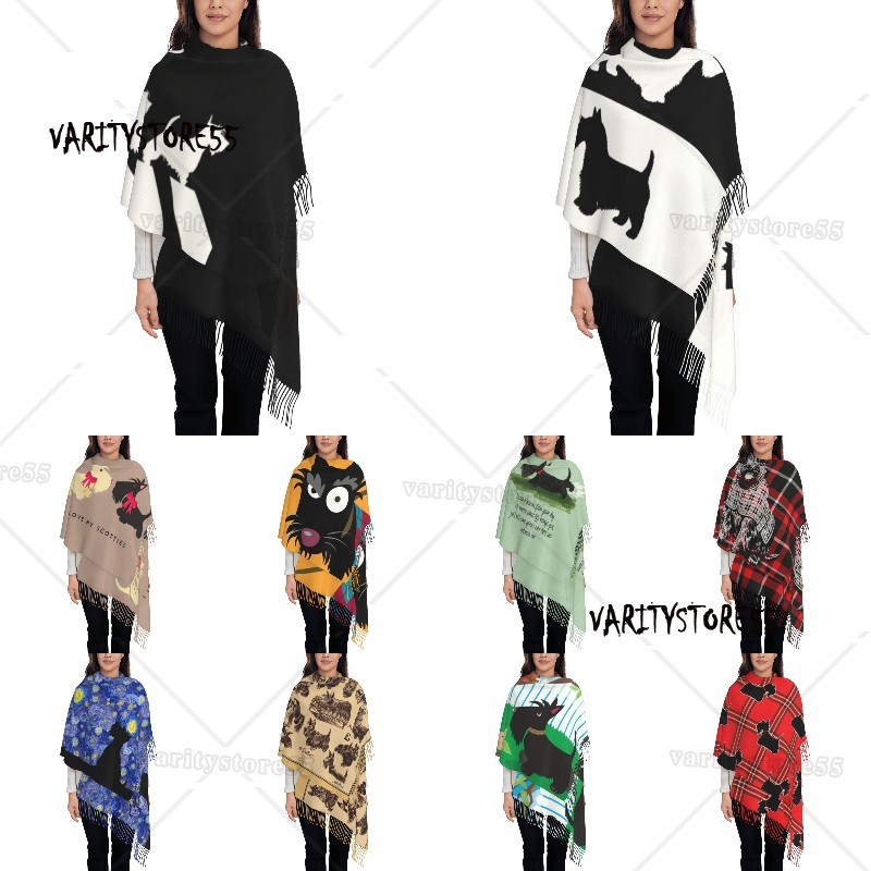 Der Scotties-Schal für Damen, lang, für den Winter, Herbst, warm, mit Quasten, Unisex, Schottischer Terrier, Hundeschals