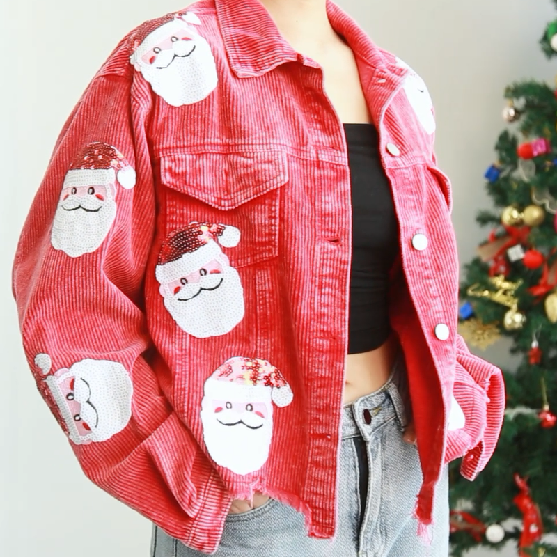 Sequined Santa Claus Vintage Jackets Single Breasted Christmas Corduroy Jackets Coats Retro Coats Chaqueta Navidad Mujer