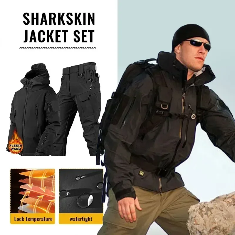 5xl múltiplas cores engrossar casca macia trabalho de inverno pele de tubarão tempestade jaqueta com capuz veludo caminhadas roupas pesca conjunto agasalho
