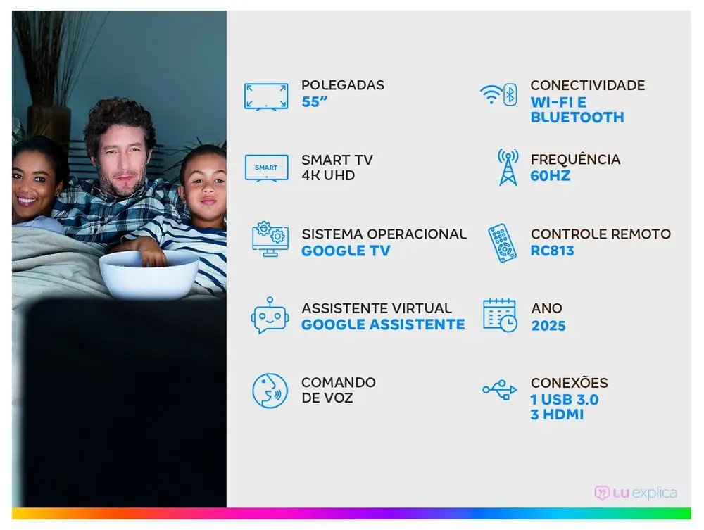Smart TV 55" TCL 4K UHD QLED 55P7K Google TV AiPQ Google Assistente 3 HDMI 1 USB