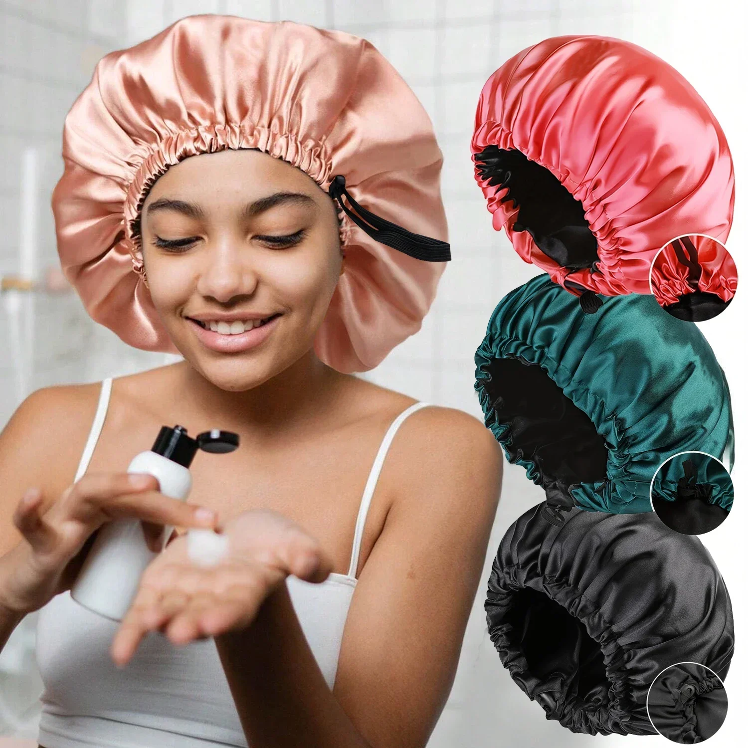 Novo grande gorro de cetim sedoso noite dormir boné de cetim com cabeça gravata banda bonnet rendas até touca de chuveiro encaracolado trança cabelo