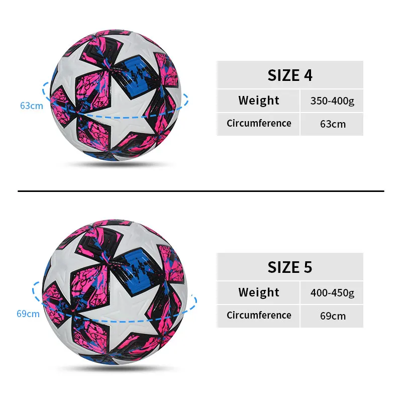 ขนาดมาตรฐาน 5 ขนาด 4 ลูกฟุตบอลมืออาชีพกลางแจ้งกีฬา Match Balls การฝึกอบรมฟุตบอลไม่มีรอยต่อวัสดุ PU คุณภาพสูง