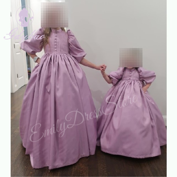 สีชมพูซาติน PUFFY ดอกไม้สาวชุดสําหรับงานแต่งงานแขนยาวคอ First Communion เด็กชุดวันเกิด Ball Gown