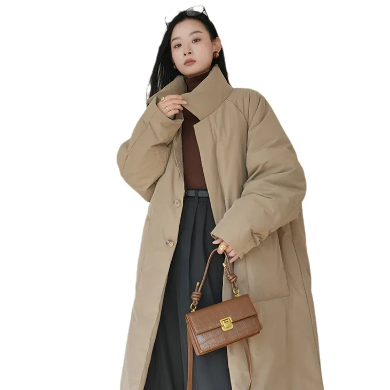 Jaqueta acolchoada de peito único feminina, Parkas longas, casacos à prova de vento, quente, grossa, acolchoada de algodão, casaco frio, roupa de inverno