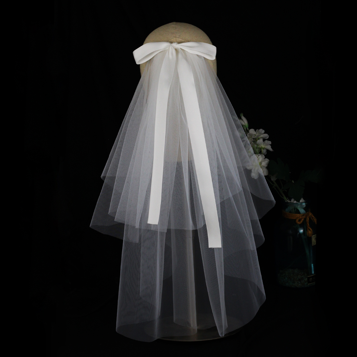 LA003 Bridal Veil Two-Layer Plain Tulle Satin Bow Handmade White Short Headdress Veil for Wedding Dress